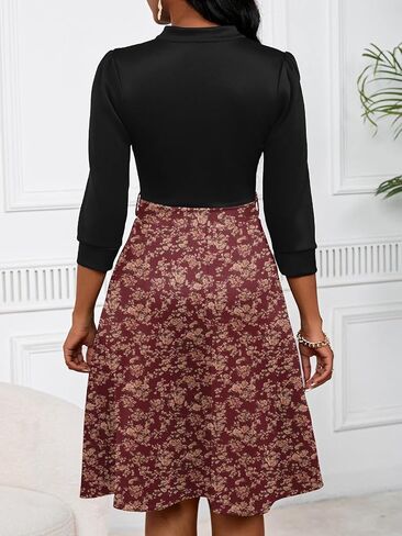 PerZeal Women's Casual Flowy A-Line Midi Dress Flared V-Neck Colorblock Print for Wedding Guest 3/4 Sleeve Dress with Belt in Kuwait