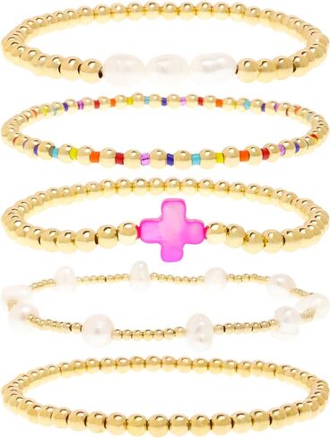Gold Pearl Beaded Cross Bracelets Stack Set for Women, Boho Handmade Colorful Small Beads Stretchable Jewelry Friendship Summer Trendy Gift. in Saudi Arabia