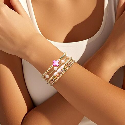 Gold Pearl Beaded Cross Bracelets Stack Set for Women, Boho Handmade Colorful Small Beads Stretchable Jewelry Friendship Summer Trendy Gift. in Saudi Arabia
