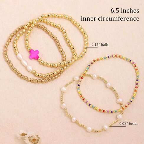 Gold Pearl Beaded Cross Bracelets Stack Set for Women, Boho Handmade Colorful Small Beads Stretchable Jewelry Friendship Summer Trendy Gift. in Saudi Arabia