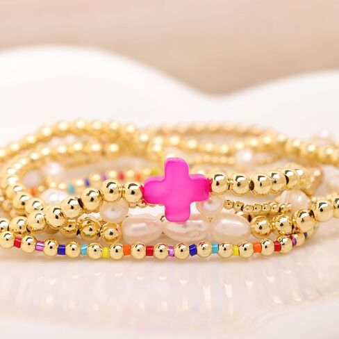 Gold Pearl Beaded Cross Bracelets Stack Set for Women, Boho Handmade Colorful Small Beads Stretchable Jewelry Friendship Summer Trendy Gift. in Saudi Arabia