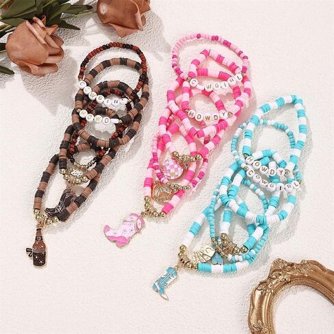 Boho Western Cowgirl Howdy Heishi Surfer Pracelet للنساء رعاة البقر القبعة القبعة الحذاء الطين بالخرز الأساور القابلة للتكديس. in Saudi Arabia