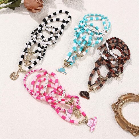 Boho Western Cowgirl Howdy Heishi Surfer Pracelet للنساء رعاة البقر القبعة القبعة الحذاء الطين بالخرز الأساور القابلة للتكديس. in Saudi Arabia