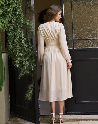 Women's Chiffon Long Sleeve Flowy Dress Spring 2025 Casual V Neck Smocked Waist Midi Dresses with Pockets in Saudi Arabia