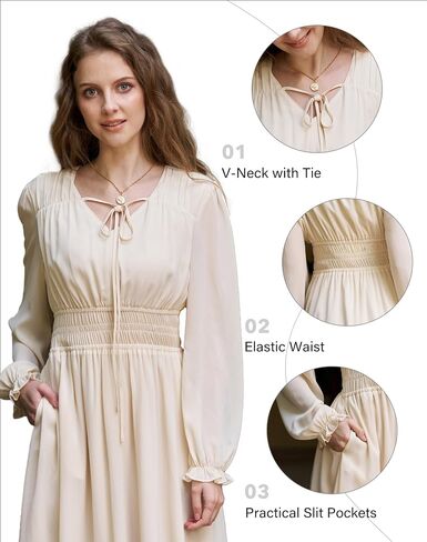 Women's Chiffon Long Sleeve Flowy Dress Spring 2025 Casual V Neck Smocked Waist Midi Dresses with Pockets in Saudi Arabia