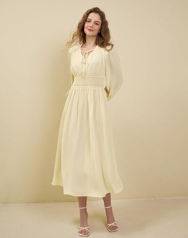 Women's Chiffon Long Sleeve Flowy Dress Spring 2025 Casual V Neck Smocked Waist Midi Dresses with Pockets in Saudi Arabia