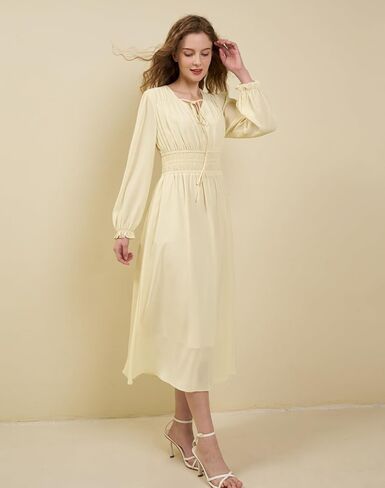 Women's Chiffon Long Sleeve Flowy Dress Spring 2025 Casual V Neck Smocked Waist Midi Dresses with Pockets in Saudi Arabia