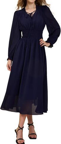 Women's Chiffon Long Sleeve Flowy Dress Spring 2025 Casual V Neck Smocked Waist Midi Dresses with Pockets in Saudi Arabia