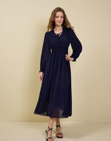 Women's Chiffon Long Sleeve Flowy Dress Spring 2025 Casual V Neck Smocked Waist Midi Dresses with Pockets in Saudi Arabia