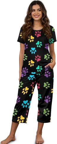 Womens Pajama Sets 2 Piece Pj Set Crew Neck Short Sleeve Top and Capri Pants Sleepwear Lounge Set with Pockets S-4XL in Saudi Arabia