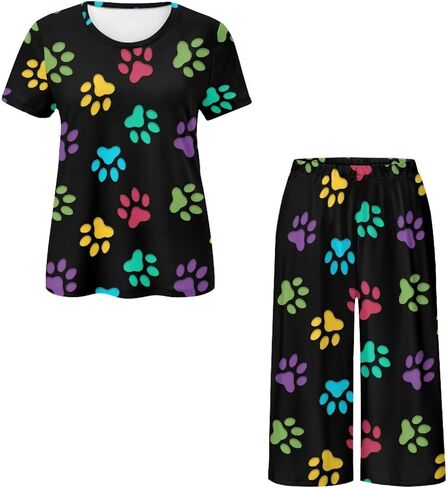 Womens Pajama Sets 2 Piece Pj Set Crew Neck Short Sleeve Top and Capri Pants Sleepwear Lounge Set with Pockets S-4XL in Saudi Arabia