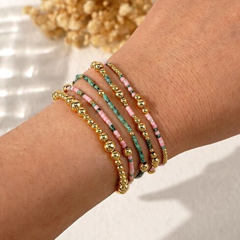 5Pcs 14K Gold Plated Beaded Bracelets Stack Set for Women,Stretch Boho Colorful Beads Ball Jewelry Friendship Summer Trendy Christmas Day in Saudi Arabia