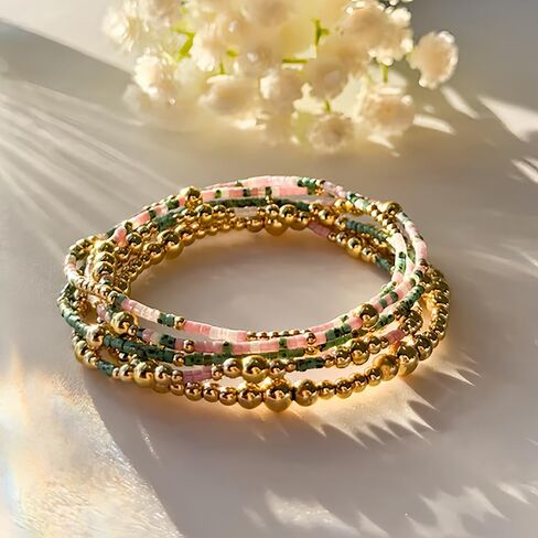 5Pcs 14K Gold Plated Beaded Bracelets Stack Set for Women,Stretch Boho Colorful Beads Ball Jewelry Friendship Summer Trendy Christmas Day in Saudi Arabia