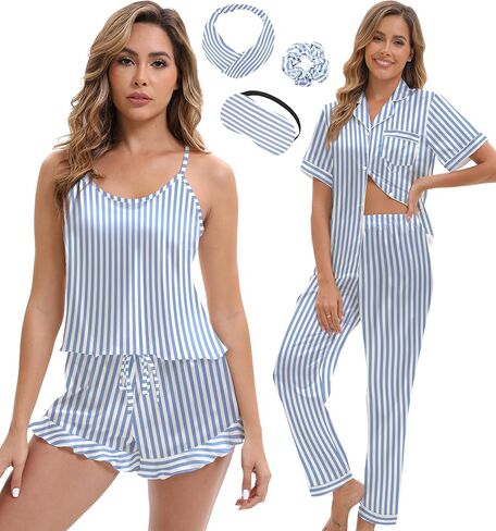 EPLAZA 4 Pcs Silk Pajamas for Women Satin Pajama Set Sexy Ruffled Cami Shorts and Button Down Short Sleeve Pjs Sets Sleepwear in Kuwait