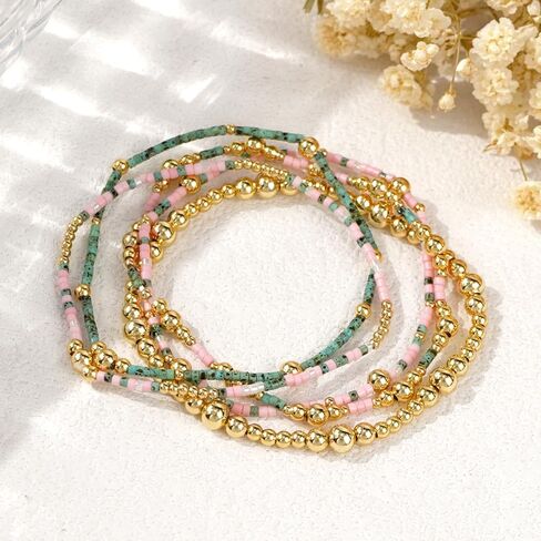 5Pcs 14K Gold Plated Beaded Bracelets Stack Set for Women,Stretch Boho Colorful Beads Ball Jewelry Friendship Summer Trendy Christmas Day in Saudi Arabia