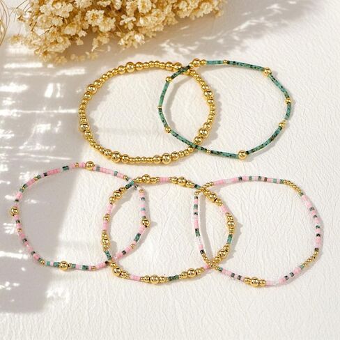 5Pcs 14K Gold Plated Beaded Bracelets Stack Set for Women,Stretch Boho Colorful Beads Ball Jewelry Friendship Summer Trendy Christmas Day in Saudi Arabia