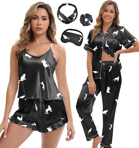 eplaza 4 pcs بيجامات الحرير للنساء ساتان بيجاما مجموعة مثير كامي شورت وزر أسفل الأكمام قصيرة pjs مجموعات Sleepwear in Kuwait