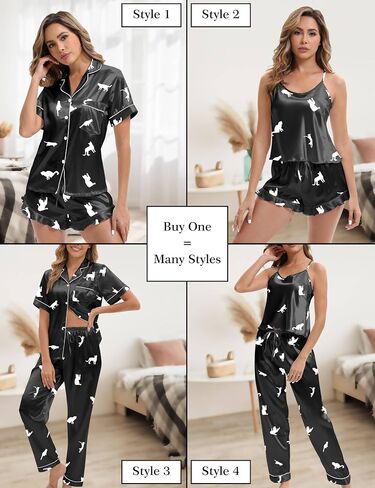 eplaza 4 pcs بيجامات الحرير للنساء ساتان بيجاما مجموعة مثير كامي شورت وزر أسفل الأكمام قصيرة pjs مجموعات Sleepwear in Kuwait