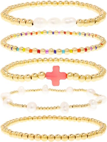 Gold Pearl Beaded Cross Bracelets Stack Set for Women, Boho Handmade Colorful Small Beads Stretchable Jewelry Friendship Summer Trendy Gift. in Saudi Arabia