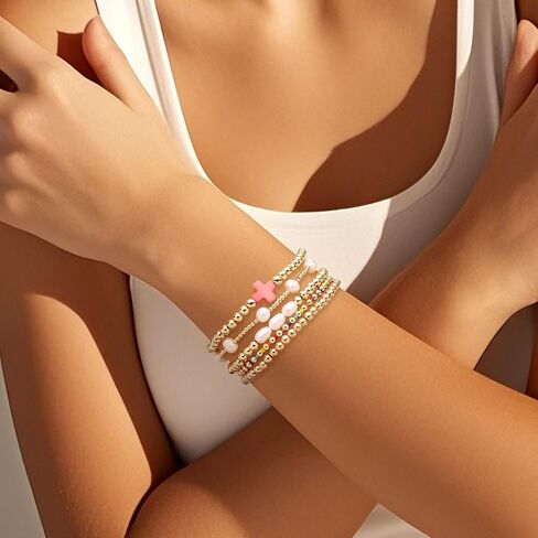 Gold Pearl Beaded Cross Bracelets Stack Set for Women, Boho Handmade Colorful Small Beads Stretchable Jewelry Friendship Summer Trendy Gift. in Saudi Arabia