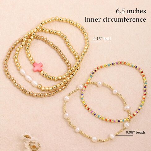 Gold Pearl Beaded Cross Bracelets Stack Set for Women, Boho Handmade Colorful Small Beads Stretchable Jewelry Friendship Summer Trendy Gift. in Saudi Arabia