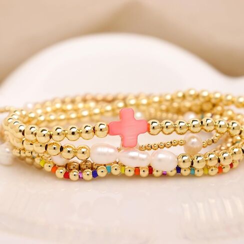 Gold Pearl Beaded Cross Bracelets Stack Set for Women, Boho Handmade Colorful Small Beads Stretchable Jewelry Friendship Summer Trendy Gift. in Saudi Arabia