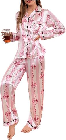 Wdirara Women's 2 قطعة Bowknot طباعة الساتان بيجاما مجموعة طويلة الأكمام زر أسفل صالة السراويل مجموعات ملابس النوم in Kuwait