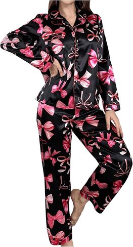 Wdirara Women's 2 قطعة Bowknot طباعة الساتان بيجاما مجموعة طويلة الأكمام زر أسفل صالة السراويل مجموعات ملابس النوم in Kuwait