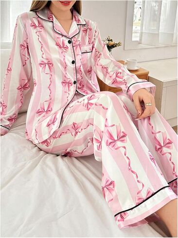 Wdirara Women's 2 قطعة Bowknot طباعة الساتان بيجاما مجموعة طويلة الأكمام زر أسفل صالة السراويل مجموعات ملابس النوم in Kuwait