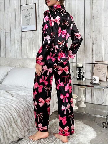 Wdirara Women's 2 قطعة Bowknot طباعة الساتان بيجاما مجموعة طويلة الأكمام زر أسفل صالة السراويل مجموعات ملابس النوم in Kuwait