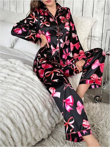 Wdirara Women's 2 قطعة Bowknot طباعة الساتان بيجاما مجموعة طويلة الأكمام زر أسفل صالة السراويل مجموعات ملابس النوم in Kuwait