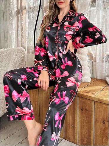 Wdirara Women's 2 قطعة Bowknot طباعة الساتان بيجاما مجموعة طويلة الأكمام زر أسفل صالة السراويل مجموعات ملابس النوم in Kuwait