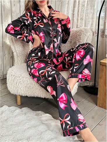 Wdirara Women's 2 قطعة Bowknot طباعة الساتان بيجاما مجموعة طويلة الأكمام زر أسفل صالة السراويل مجموعات ملابس النوم in Kuwait