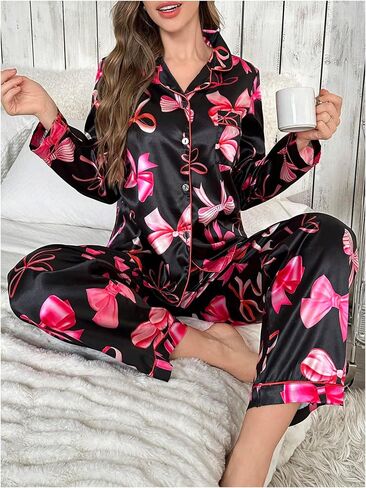 Wdirara Women's 2 قطعة Bowknot طباعة الساتان بيجاما مجموعة طويلة الأكمام زر أسفل صالة السراويل مجموعات ملابس النوم in Kuwait