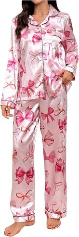 Wdirara Women's 2 قطعة Bowknot طباعة الساتان بيجاما مجموعة طويلة الأكمام زر أسفل صالة السراويل مجموعات ملابس النوم in Kuwait