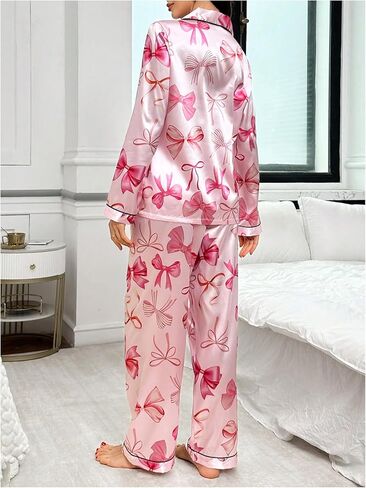 Wdirara Women's 2 قطعة Bowknot طباعة الساتان بيجاما مجموعة طويلة الأكمام زر أسفل صالة السراويل مجموعات ملابس النوم in Kuwait