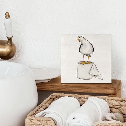 Seagull Beach Bathroom Decor, Seagull Wooden Box Signs Coastal Decor, Funny Wood Signs for Bathroom Restroom Toilet Counter Shelf, 5x5 Inch in Kuwait
