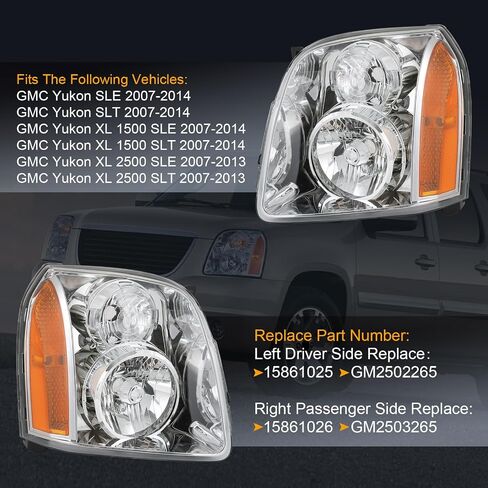 زوج تجميع المصابيح الأمامية متوافق مع GMC Yukon XL 1500 2500 2007-2014 ، استبدل 15861025 15861026 in Kuwait