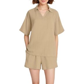 Latuza Women's Cotton Gauze Lounge Pajama مجموعة أعلى وشروط شورت 2 قطعة in Saudi Arabia
