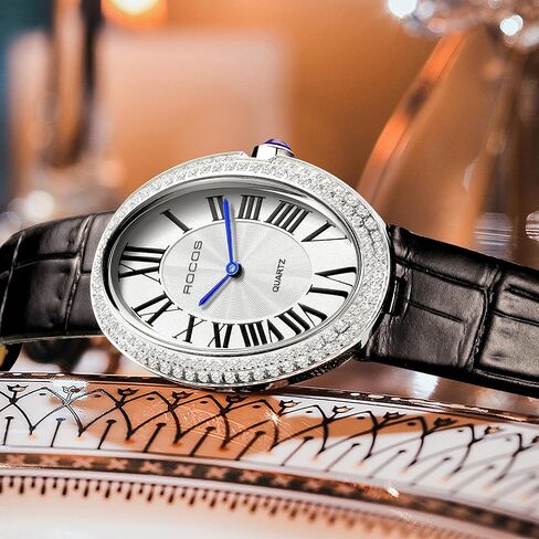 Vintage Ladies Watches - Japanese Quartz Analog with Leather Strap, Fashionable Lightweight Waterproof Oval Womens Watches with Diamond Retro Dress Wristwatch RW0254 in Kuwait