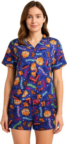 Garfield Womens Pajama Set, Soft Stretchy Pajama Shorts & Short Sleeve, Notch Collar, Button Down Top in Saudi Arabia