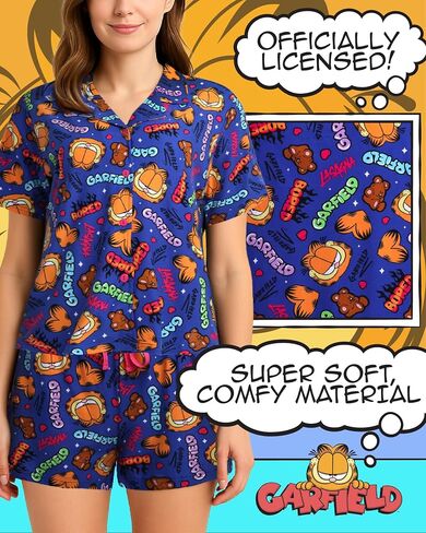 Garfield Womens Pajama Set, Soft Stretchy Pajama Shorts & Short Sleeve, Notch Collar, Button Down Top in Saudi Arabia