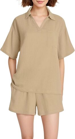 Latuza Women's Cotton Gauze Lounge Pajama مجموعة أعلى وشروط شورت 2 قطعة in Saudi Arabia