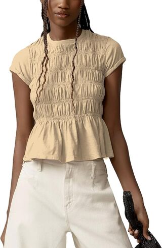 Peplum Babydoll Tops for Women Summer Going Out Top Casual Crew Neck Flowy Loose Fit Tunic Shirts Cute Blouses in Kuwait