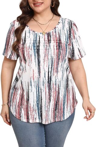 HBEYYTO Womens Plus Size Summer Tops Short Sleeve Pleated T Shirts Casual Scooped Neck Flowy Loose Floral Blouses 1X-5X in Saudi Arabia