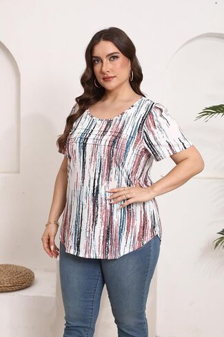HBEYYTO Womens Plus Size Summer Tops Short Sleeve Pleated T Shirts Casual Scooped Neck Flowy Loose Floral Blouses 1X-5X in Saudi Arabia
