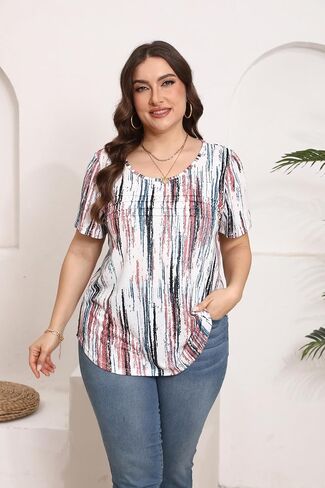 HBEYYTO Womens Plus Size Summer Tops Short Sleeve Pleated T Shirts Casual Scooped Neck Flowy Loose Floral Blouses 1X-5X in Saudi Arabia