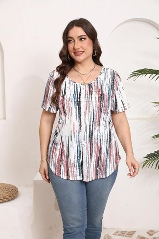 HBEYYTO Womens Plus Size Summer Tops Short Sleeve Pleated T Shirts Casual Scooped Neck Flowy Loose Floral Blouses 1X-5X in Saudi Arabia