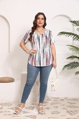 HBEYYTO Womens Plus Size Summer Tops Short Sleeve Pleated T Shirts Casual Scooped Neck Flowy Loose Floral Blouses 1X-5X in Saudi Arabia