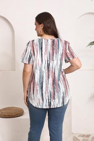 HBEYYTO Womens Plus Size Summer Tops Short Sleeve Pleated T Shirts Casual Scooped Neck Flowy Loose Floral Blouses 1X-5X in Saudi Arabia